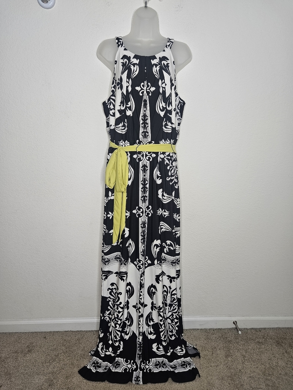 Frank Lyman Maxi Dress 14 Black White Baroque Print Sleeveless Belted Formal